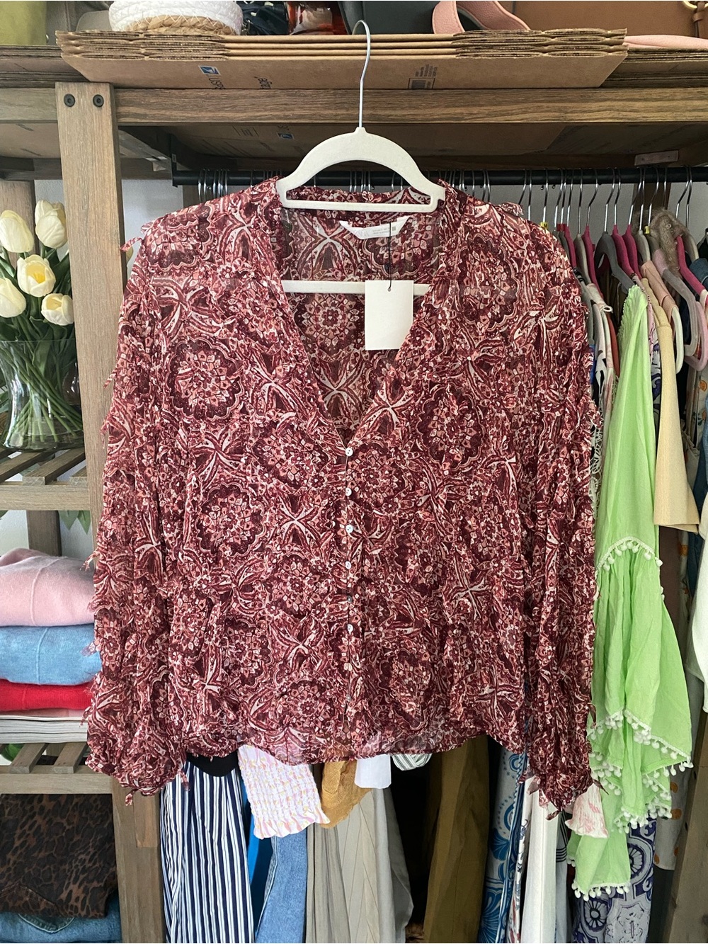 ZARA Woven V-Neck Button Front Blouse in Burgundy Print & Fringe Detail! 🥀